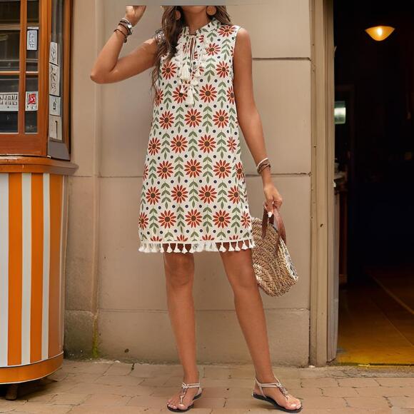 New Small Floral Hippie Boho Fringe Shift Sun Dress Retro Knee Sundress - Picture 3 of 5